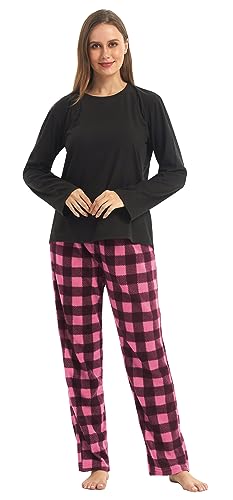 YUSHOW Schlafanzug Damen Winter Zweiteiliger Lange Oberteile Fleece Karierte Pyjamahose Hausanzug Kuschelig Frauen Weihnachts Lounge Pyjama Set,Schwarz+Rosa Kariert,S von YUSHOW