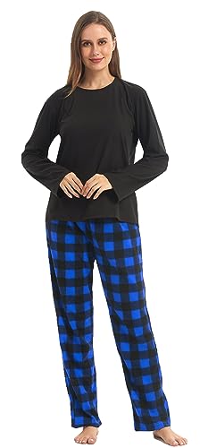 YUSHOW Schlafanzug Damen Winter Zweiteiliger Lange Oberteile Microfleece Karierte Pyjamahose Hausanzug Kuschelig Frauen Weihnachts Lounge Pyjama Set,Schwarz+Blau Kariert,L von YUSHOW