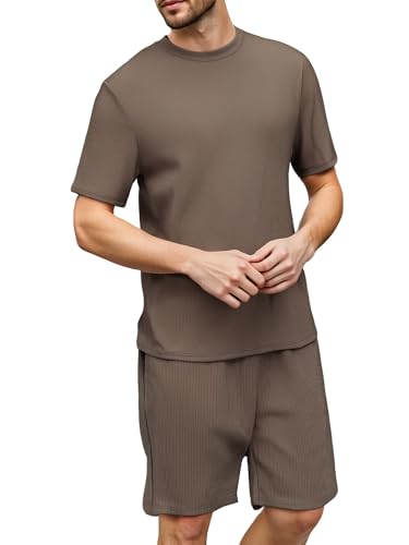 YUSHOW Schlafanzug Herren Kurz Rippenstrick Kurzarm Shirt und Pyjamashort mit Tachen Weich Schlafanzüge Nachtwäsche Hausanzug Männer Shorty Pyjama Set Sommer von YUSHOW