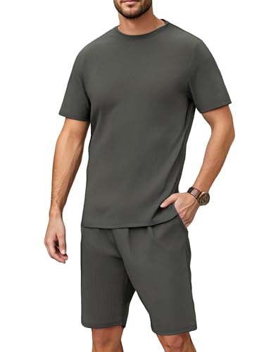 YUSHOW Schlafanzug Herren Kurz Rippenstrick Kurzarm Shirt und Pyjamashort mit Tachen Weich Schlafanzüge Nachtwäsche Hausanzug Männer Shorty Pyjama Set Sommer von YUSHOW