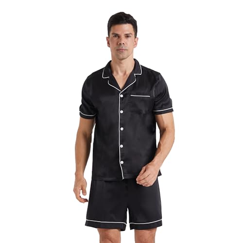 YUSHOW Schlafanzug Herren Kurz Zweiteiliger Satin Pyjama mit Knopfleiste Kurzärmeliges und Kurze Hosen Sommer Weich Nachtwäsche Hausanzug Pjs Set mit Brusttasche von YUSHOW