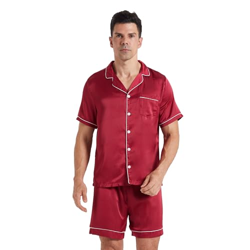 YUSHOW Schlafanzug Herren Kurz Zweiteiliger Satin Pyjama mit Knopfleiste Kurzärmeliges und Kurze Hosen Sommer Weich Nachtwäsche Hausanzug Pjs Set mit Brusttasche von YUSHOW