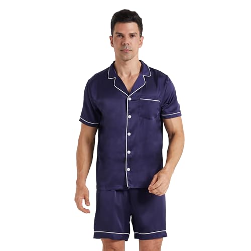 YUSHOW Schlafanzug Herren Kurz Zweiteiliger Satin Pyjama mit Knopfleiste Kurzarm T-Shirt und Hosen Sommer Weich Nachtwäsche Hausanzug Pjs Set mit Brusttasche von YUSHOW