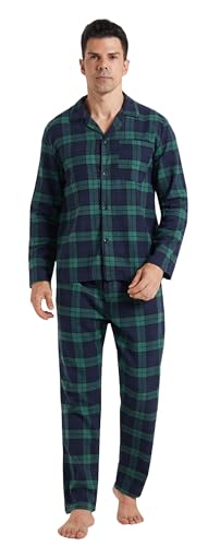 YUSHOW Schlafanzug Herren Lang Zweiteiliger Flanell Baumwolle Winter Karierte Schlafanzüge Ultraweiche Langarm Oberteil Weich Pyjamahose mit Tasche Männer Pyjama Set Grün XL von YUSHOW