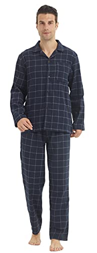 YUSHOW Schlafanzug Herren Lang Zweiteiliger Flanell Baumwolle Winter Karierte Schlafanzüge Ultraweiche Langarm Oberteil Weich Pyjamahose mit Tasche Männer Pyjama Set Marineblau L von YUSHOW