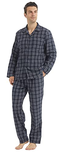 YUSHOW Schlafanzug Herren Lang Zweiteiliger Flanell Baumwolle Winter Karierte Schlafanzüge Ultraweiche Langarm Oberteil Weich Pyjamahose mit Tasche Männer Pyjama Set Marineblaue Streifen M von YUSHOW