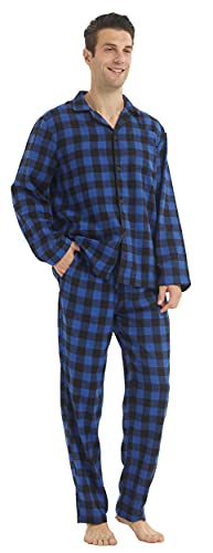 YUSHOW Schlafanzug Herren Lang Zweiteiliger Flanell Baumwolle Winter Karierte Schlafanzüge Ultraweiche Langarm Oberteil Weich Pyjamahose mit Tasche Männer Pyjama Set Plaid Schwarzblau L von YUSHOW