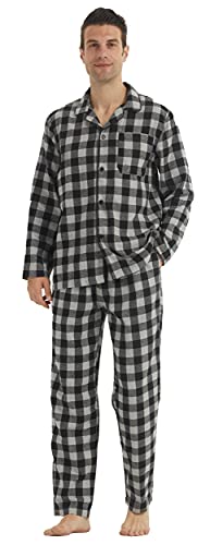 YUSHOW Schlafanzug Herren Lang Zweiteiliger Flanell Baumwolle Winter Karierte Schlafanzüge Ultraweiche Langarm Oberteil Weich Pyjamahose mit Tasche Männer Pyjama Set Plaid Schwarzgrau M von YUSHOW