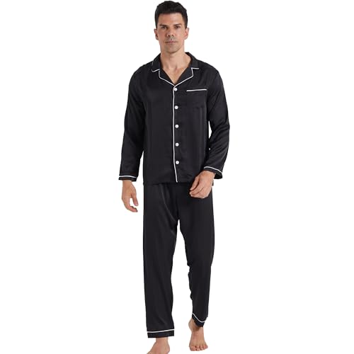 YUSHOW Schlafanzug Herren Lang Zweiteiliger Satin Pyjama mit Knopfleiste Langarm Tops und Pyjamahose Weich Nachtwäsche Hausanzug Pjs Set mit Brusttasche YUSHOW Schlafanzug Herren Lang Zweiteiliger Satin Pyjama mit Knopfleiste Langarm Tops und Pyjamahose Weich Nachtwäsche Hausanzug Pjs Set mit Brusttasche von YUSHOW