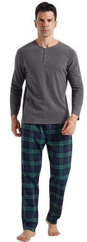 YUSHOW Schlafanzug Herren Lang Zweiteiliger Winter Henley Langarm Shirt Flanell Karierter Pyjamahose mit Tasche Weich Fleece Pyjama Loungewear Set,Schwarz + Rot Schwarz Kariert Größe L… von YUSHOW