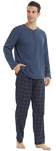 YUSHOW Schlafanzug Herren Lang Zweiteiliger Winter Henley Langarm Shirt Flanell Karierter Pyjamahose mit Tasche Weich Fleece Pyjama Loungewear Set,Marineblau+Marineblau Kariert Größe M von YUSHOW