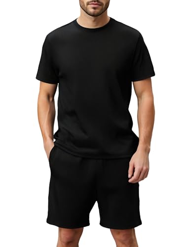 YUSHOW Schlafanzug Herren Rippenstrick Kurzarm Shirt und Pajamahose Comfy Weich Nachtwäsche Hausanzug Pjs Set von YUSHOW