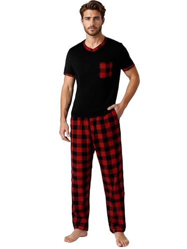YUSHOW Schlafanzug Herren Zweiteiliger Kurzarm Schlafanzugoberteile V-Ausschnitt Brusttasche und Lange Karierte Pyjamahose mit Taschen Männer Nachtwäsche Set Hausanzug Sommer von YUSHOW