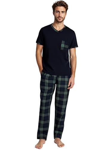 YUSHOW Schlafanzug Herren Zweiteiliger Kurzarm T-Shirt V-Ausschnitt Brusttasche und Lange Karierte Pyjamahose mit Taschen Männer Nachtwäsche Set Hausanzug Sommer von YUSHOW