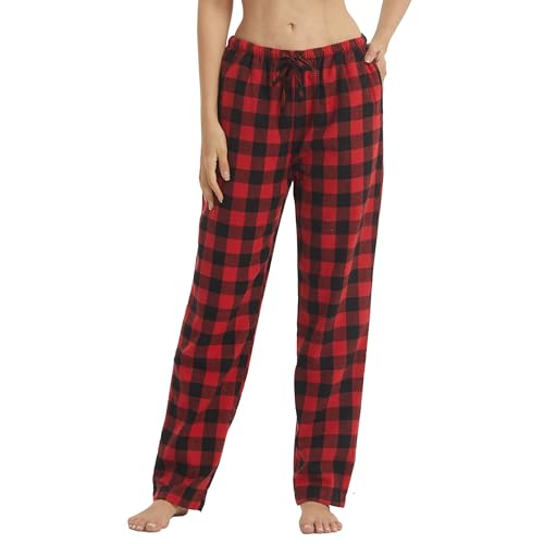 YUSHOW Schlafanzughose Damen Lang Flanell Baumwolle Karierte Pyjamahose Winter Weich Nachtwäsche Hose Freizeithose mit Taschen und Kordelzug, Rot Schwarz Kariert Größe S von YUSHOW