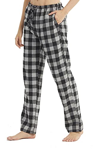 YUSHOW Schlafanzughose Damen Lang Flanell Baumwolle Karierte Pyjamahose Winter Weich Nachtwäsche Hose Freizeithose mit Taschen und Kordelzug von YUSHOW