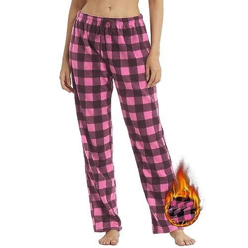 YUSHOW Schlafanzughose Damen Lang Fleece Karierte Pyjamahose Winter Weich Nachtwäsche Pyjama Hose Soft Freizeithose Weihnachts Pyjama mit Kordelzug von YUSHOW