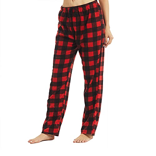 YUSHOW 1er Pack Schlafanzughose Damen Lang Fleece Karierte Pyjamahose Winter Weich Nachtwäsche Pyjama Hose Soft Freizeithose Weihnachts Pyjama mit Kordelzug, Rot Schwarz Kariert Größe L von YUSHOW