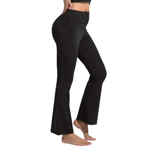 YUSHOW Yogahose Damen Schlaghose High Waist Jogginghose Schwarz mit Taschen Sporthose Lang Bootcut Trainingshose Fitness Gym von YUSHOW