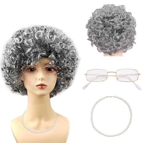 Oma Kostüm Set 3 Stück Oma Perücke Grau mit Brille Halskette Alter Mann Kostüm Damen für Cosplay, Karneval, Maskerade von YUSHWENPTY