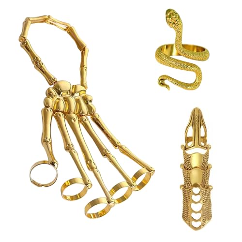 YUSHWENPTY Halloween Schmuck Hand 3 Stück Skelett Hand Armband Schlangenringe Fingerkrallen für Kinder und Erwachsene, Halloween Cosplay, Party Schmuck (Gold) von YUSHWENPTY