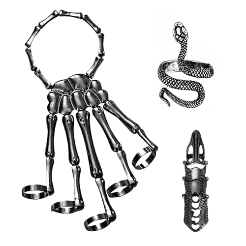 YUSHWENPTY Halloween Schmuck Hand 3 Stück Skelett Hand Armband Schlangenringe Fingerkrallen für Kinder und Erwachsene, Halloween Cosplay, Party Schmuck (Schwarz) von YUSHWENPTY