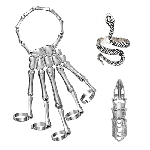 YUSHWENPTY Halloween Schmuck Hand 3 Stück Skelett Hand Armband Schlangenringe Fingerkrallen für Kinder und Erwachsene, Halloween Cosplay, Party Schmuck (Silber) von YUSHWENPTY