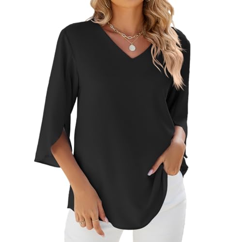 Bluse Damen Elegant Tunika Chiffon Damenblusen Oberteil Einfarbig Frühling 3/4 Arm Oberteile Blusenshirt von YUTILA