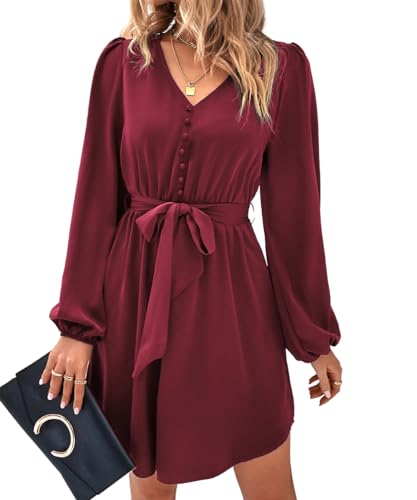 YUTILA Damen Elegant Blusenkleid V-Ausschnitt Langarm Herbst Tunika Kleider mit Kordelzug Einfarbig Freizeitkleid von YUTILA