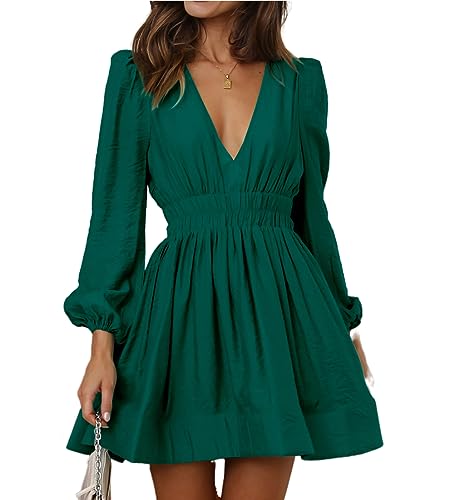 Damen Kleid Langarm Deep V-Ausschnitt A Linie Freizeitkleider Elegant Party Mini Herbst Kleid von YUTILA