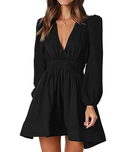 Damen Kleid Langarm Deep V-Ausschnitt A Linie Freizeitkleider Elegant Party Mini Herbst Kleid von YUTILA