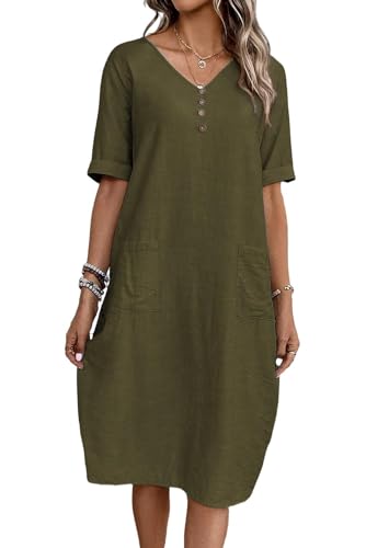 Sommerkleid Damen V-Ausschnitt Leinen Kleider Kurzarm A-Linie Kleid Midikleid Strandkleid Freizeitkleid mit Taschen von YUTILA