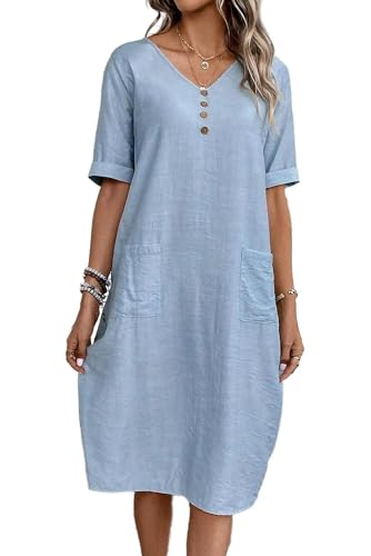 Sommerkleid Damen V-Ausschnitt Leinen Kleider Kurzarm A-Linie Kleid Midikleid Strandkleid Freizeitkleid mit Taschen von YUTILA
