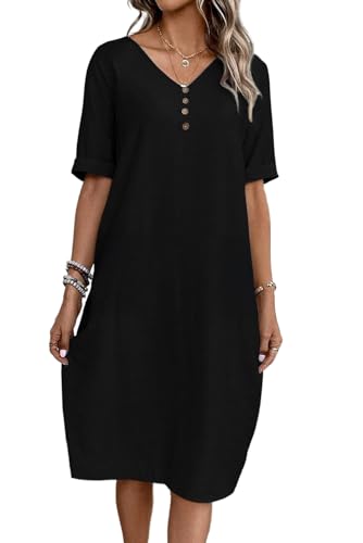 Sommerkleid Damen V-Ausschnitt Leinen Kleider Kurzarm A-Linie Kleid Midikleid Strandkleid Freizeitkleid mit Taschen von YUTILA