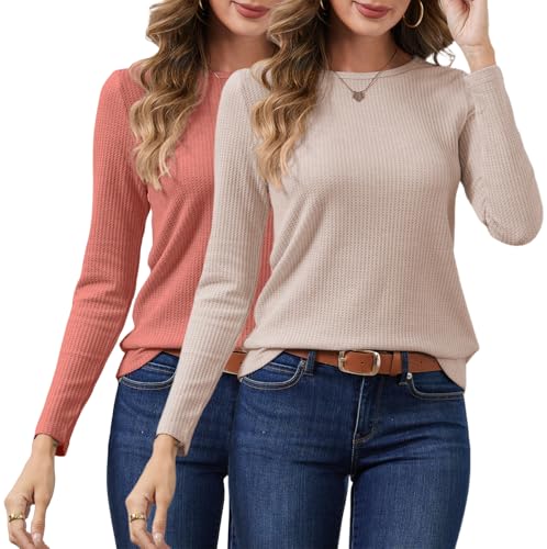 YUTILA 1/2er Pack Damen Feinstrickpullover Rundhals Einfabrig Langarm Oberteile aus pflegeleichter Qualität mit Viskose Sweatshirt Herbst und Winter von YUTILA