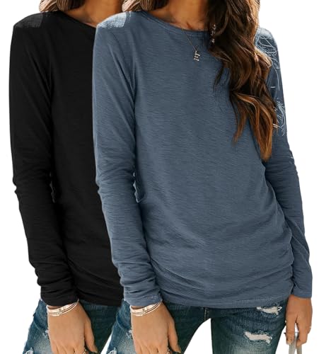 YUTILA 2er Pack Damen Langarmshirt aus 95% Baumwolle Basic Rundhals Einfabrig Shirt Casual Lässig Oberteile Langarm T-Shirt von YUTILA