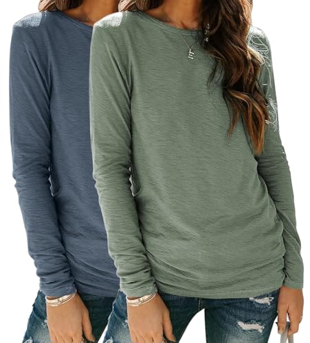 YUTILA 2er Pack Damen Langarmshirt aus 95% Baumwolle Basic Rundhals Einfabrig Shirt Casual Lässig Oberteile Langarm T-Shirt von YUTILA