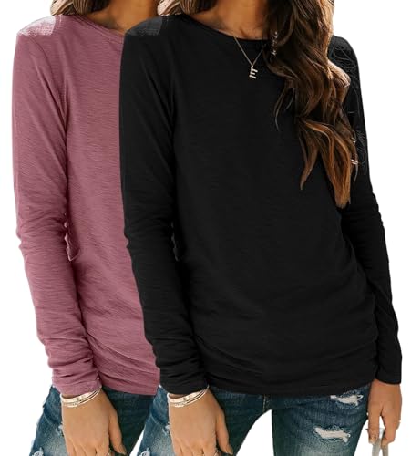 YUTILA 2er Pack Damen Langarmshirt Basic Rundhals Einfabrig Shirt Casual Lässig Oberteile Langarm T-Shirt von YUTILA