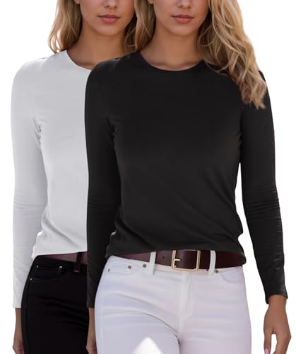 YUTILA 2er Pack Damen Langarmshirt Basic Rundhals Einfabrig Shirt Oberteile Langarm T-Shirt aus weichem Viskose-Stretch von YUTILA