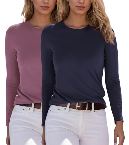 YUTILA 2er Pack Damen Langarmshirt Basic Rundhals Einfabrig Shirt Oberteile Langarm T-Shirt aus weichem Viskose-Stretch von YUTILA