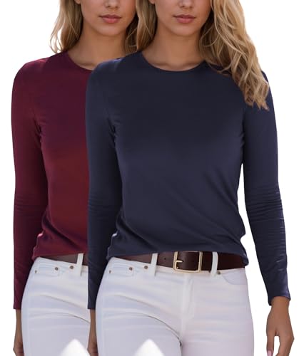 YUTILA 2er Pack Damen Langarmshirt Basic Rundhals Einfabrig Shirt Oberteile Langarm T-Shirt aus weichem Viskose-Stretch von YUTILA