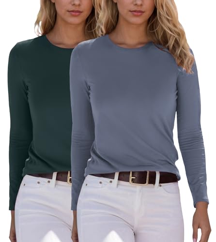 YUTILA 2er Pack Damen Langarmshirt Basic Rundhals Einfabrig Shirt Oberteile Langarm T-Shirt aus weichem Viskose-Stretch von YUTILA
