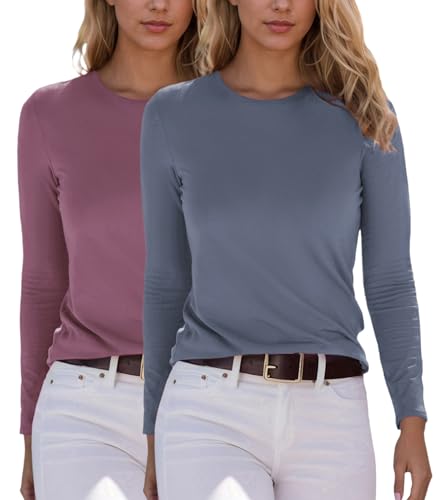YUTILA 2er Pack Damen Langarmshirt Basic Rundhals Einfabrig Shirt Oberteile Langarm T-Shirt aus weichem Viskose-Stretch von YUTILA