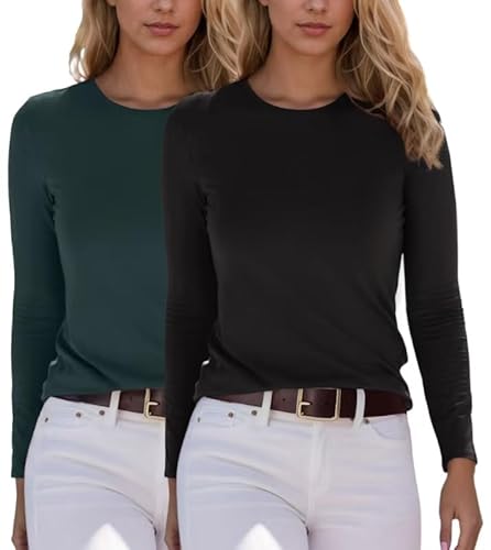 YUTILA 2er Pack Damen Langarmshirt Basic Rundhals Einfabrig Shirt Oberteile Langarm T-Shirt aus weichem Viskose-Stretch von YUTILA