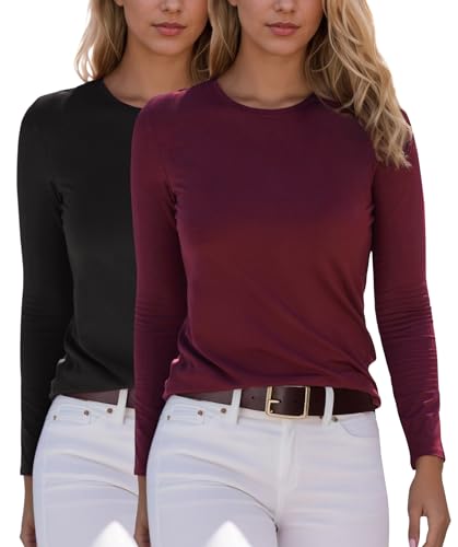 YUTILA 2er Pack Damen Langarmshirt Basic Rundhals Einfabrig Shirt Oberteile Langarm T-Shirt aus weichem Viskose-Stretch von YUTILA