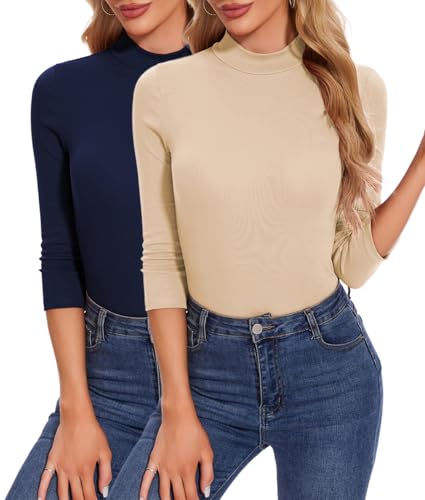 YUTILA 2er Pack Damen Langarmshirt Rollkragen Stehkragen 3/4 Ärmel Pullover Slim Fit Stretch Baumwolle Shirts Einfarbig Basic Casual Oberteile YUTILA 2er Pack Damen Langarmshirt Rollkragen Stehkragen 3/4 Ärmel Pullover Slim Fit Stretch Baumwolle Shirts Einfarbig Basic Casual Oberteile von YUTILA