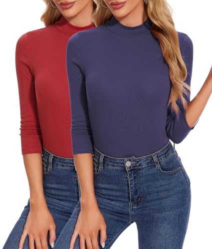 YUTILA 2er Pack Damen Langarmshirt Rollkragen Stehkragen 3/4 Ärmel Pullover Slim Fit Stretch Baumwolle Shirts Einfarbig Basic Casual Oberteile YUTILA 2er Pack Damen Langarmshirt Rollkragen Stehkragen 3/4 Ärmel Pullover Slim Fit Stretch Baumwolle Shirts Einfarbig Basic Casual Oberteile von YUTILA