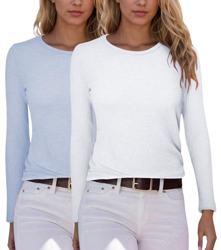 YUTILA 1/2er Pack Damen Langarmshirt Rundhals Einfabrig aus pflegeleichter Qualität mit Viskose Shirt Oberteile Langarm von YUTILA