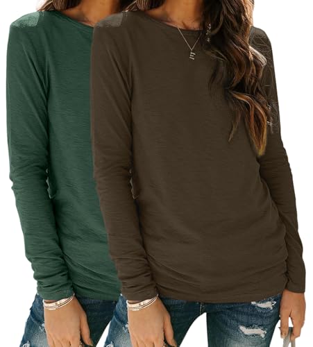 YUTILA 2er Pack Damen Langarmshirt aus 95% Baumwolle Basic Rundhals Einfabrig Shirt Casual Lässig Oberteile Langarm T-Shirt von YUTILA