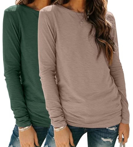 YUTILA 2er Pack Damen Langarmshirt aus 95% Baumwolle Basic Rundhals Einfabrig Shirt Casual Lässig Oberteile Langarm T-Shirt von YUTILA